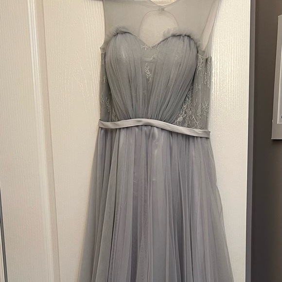 PROM DRESS👗Dusk Blue Tulle Sleeveless Long Lace Embroidered Dress - Picture 6 of 6